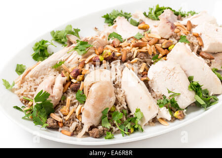 Chicken with spiced rice and nuts, garnished with parsley, a Lebanese celebratory dish. Stock Photo