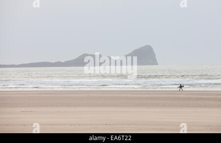 Rhosili,Rhossili,Rhossilli, bay, Llangenneth langenneth,beach,Worms Head,Worm's Gower, peninsula, Swansea,Swansea County, Wales, Stock Photo