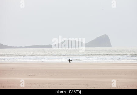 Rhosili,Rhossili,Rhossilli, bay, Llangenneth langenneth,beach,Worms Head,Worm's Gower, peninsula, Swansea,Swansea County, Wales, Stock Photo