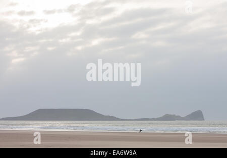 Rhosili,Rhossili,Rhossilli, bay, Llangenneth langenneth,beach,Worms Head,Worm's Gower, peninsula, Swansea,Swansea County, Wales, Stock Photo