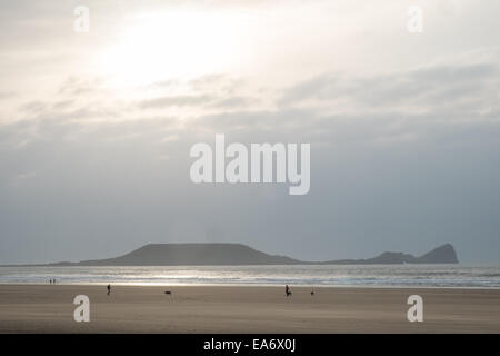 Rhosili,Rhossili,Rhossilli, bay, Llangenneth langenneth,beach,Worms Head,Worm's Gower, peninsula, Swansea,Swansea County, Wales, Stock Photo