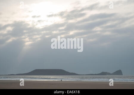 Rhosili,Rhossili,Rhossilli, bay, Llangenneth langenneth,beach,Worms Head,Worm's Gower, peninsula, Swansea,Swansea County, Wales, Stock Photo