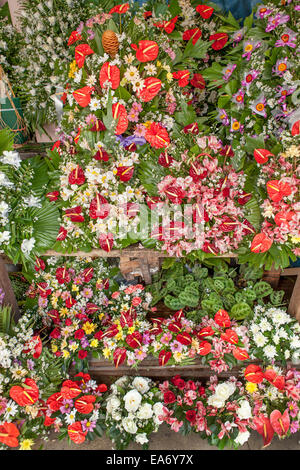 A vendor stand filled with colorful tropical flower arrangements - Anthurium, Flamingo Flower and other exotic species. Stock Photo