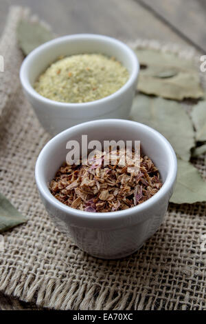 Various spices selection on wooden table, close up Stock Photo