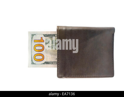 New one hundred dollar bills in leather wallet isolated over white background Stock Photo