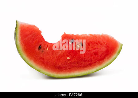 Bitten juicy watermelon portion isolated on white background, red fruit Stock Photo