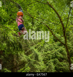 Girl On A Zip Line In A Forest Stock Photo