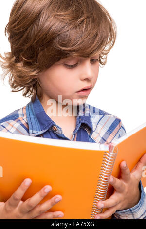 Blond cute boy reading a book over white Stock Photo