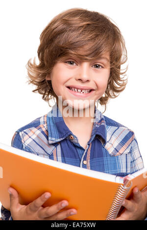 Blond cute boy reading a book over white Stock Photo