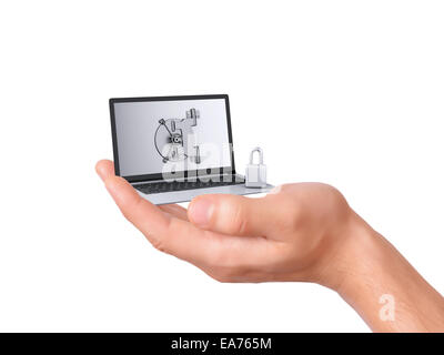image of hand holding security Laptop. Data security concept on white background Stock Photo