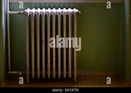 Old metallic water heater radiator mounted on a green wall Stock Photo