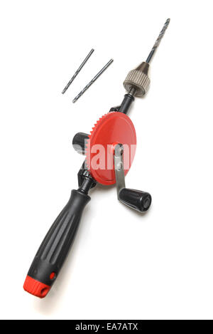Red hand drill tool with drill bits cut out isolated on white background Stock Photo