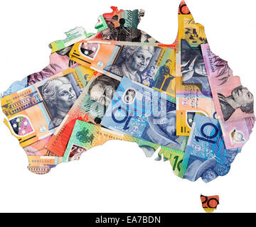 Map of Australia with Australian money dollar notes. Stock Photo