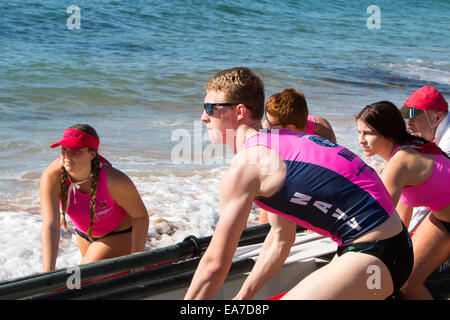 bilgola beachSydney, surf rescue life boats compete in the 14/15 championship races,australia Stock Photo