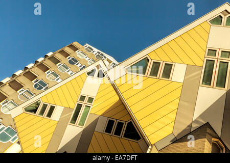 Tilted low angle view of the Cube houses-  built in Rotterdam, South Holland, The Netherlands, designed by architect Piet Blom. Stock Photo