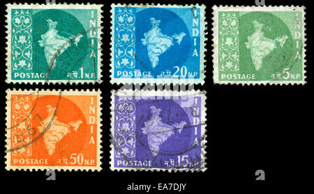 Postmarked stamps from India in the Map of India - 1st Issue (1957-1958) series issued in 1957 Stock Photo