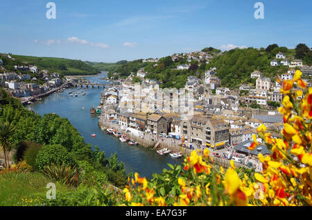 Elevated view of Looe river, harbour & town from West Looe Caradon South East Cornwall South West England UK Stock Photo