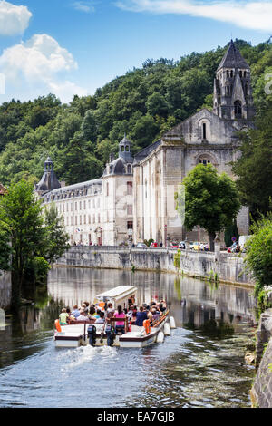 The Benedictine abbey abbaye Saint-Pierre de Brantôme and its bell tower along the river Dronne, Dordogne, Aquitaine, France Stock Photo