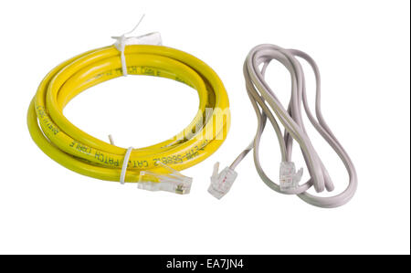 Yellow Lan connector and Telephone connector on white background. Stock Photo