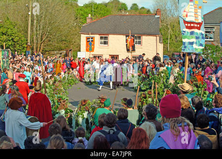 A performance of The Hal An Tow at St Johns Bridge on Flora Day in Helston Kerrier West Cornwall South West England UK Stock Photo