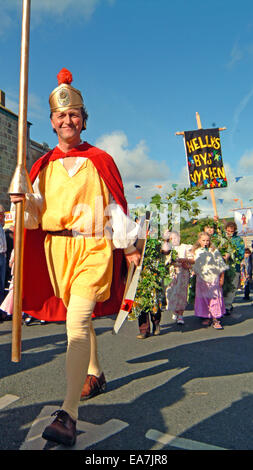 Closeup of Knight in The Hal An Tow walking up Coinagehall on Flora Day in Helston Kerrier West Cornwall South West England UK Stock Photo