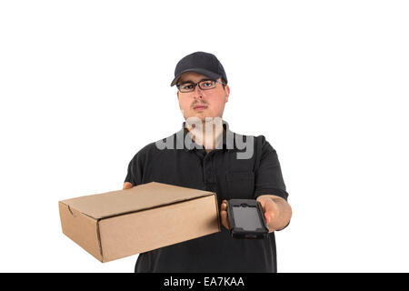 delivery driver with parcel in blue uniform asks recipient to confirm the delivery on an electronic device isolated on white bac Stock Photo