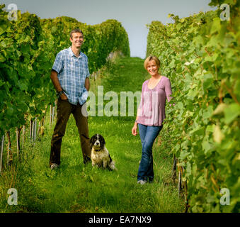 Co-owner Alison Nightingale and her husband Nick at their vineyard  Albourne Estate in West Sussex. Stock Photo