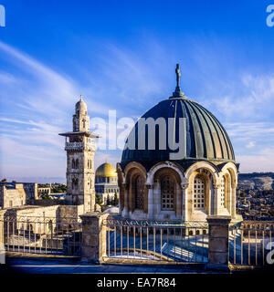 Ecce Homo basilica's dome with Bab Al-Ghawanima minaret and Dome of the Rock Jerusalem Israel Middle East Stock Photo