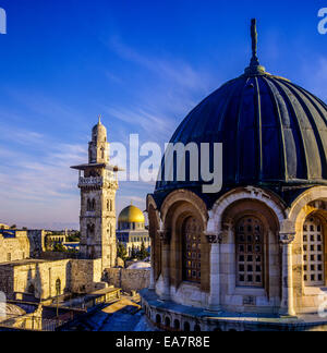 Ecce Homo basilica's dome with Bab Al-Ghawanima minaret and Dome of the Rock Jerusalem Israel Stock Photo