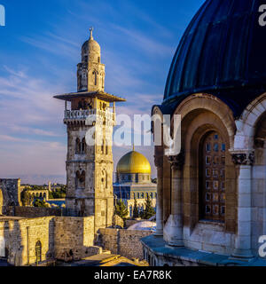 Ecce Homo basilica's dome with Bab Al-Ghawanima minaret and Dome of the Rock Jerusalem Israel Stock Photo