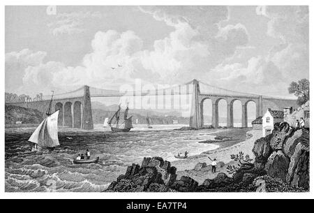 Menai Bridge from the Anglesea side uniting the isle of Anglesea with Caernarvonshire circa 1830 Stock Photo