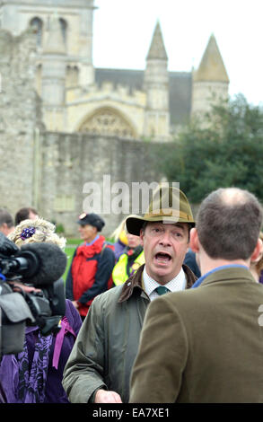 Rochester, UK. 8th Nov, 2014. Nigel Farage returns to Rochester for the seventh time to support Mark Reckless before the by-election on 20th November. Rochester Cathedral in the background Stock Photo