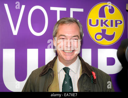 Rochester, UK. 8th Nov, 2014. Nigel Farage returns to Rochester for the seventh time to support Mark Reckless before the by-election on 20th November. Stock Photo