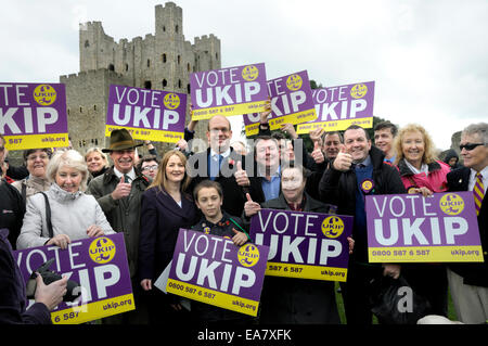 Rochester, UK. 8th Nov, 2014. Nigel Farage returns to Rochester for the seventh time to support Mark Reckless before the by-election on 20th November. Meeting with supporters at the Castle Stock Photo