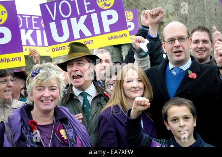 Rochester, UK. 8th Nov, 2014. Nigel Farage returns to Rochester for the seventh time to support Mark Reckless before the by-election on 20th November. Meeting with supporters at the Castle, Mark Reckless with his wife, Nigel Farage and Caroline Stephens (Prospective UKIP candidate for Stroud) Stock Photo