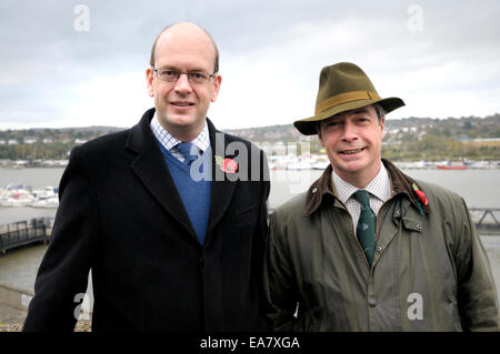 Rochester, UK. 8th Nov, 2014. Nigel Farage returns to Rochester for the seventh time to support Mark Reckless before the by-election on 20th November. Stock Photo