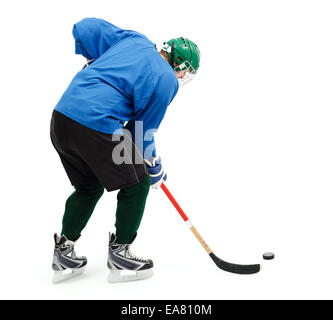 Ice hockey player in blue wear and green helmet Stock Photo