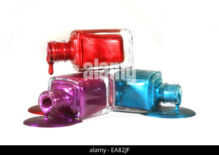 Salon Concept of Stacked Fingernail Polish of Red Blue and Purple Stock Photo