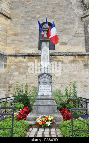 Memorial in Plivot commemorating victims of I World War decorated by French National Flags for 13 July, French National Day Stock Photo