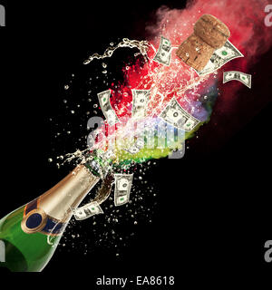 Celebration event with concept of dollar bank-notes splashing out of bottle. Isolated on black background Stock Photo