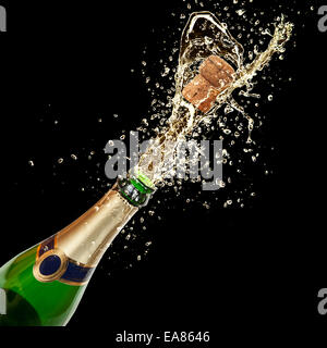 Celebration theme with splashing champagne, isolated on black background Stock Photo