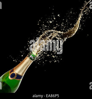 Celebration theme with splashing champagne, isolated on black background Stock Photo