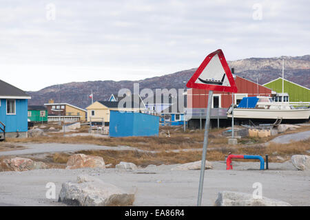 Dog sledge street sign in Ilulissat, Greenland during summer Stock Photo