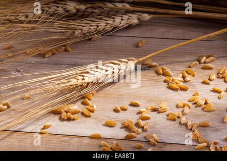 Dried ears of wheat on an old wooden table Stock Photo