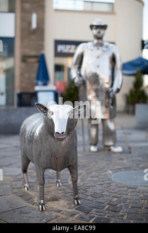 The metal farm sculptures called The Drover in Carmarthen town centre, Carmarthenshire, Wales.  This is a landmark in Carmarthen Stock Photo