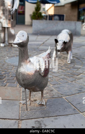 The metal farm sculptures called The Drover in Carmarthen town centre, Carmarthenshire, Wales.  This is a landmark in Carmarthen Stock Photo