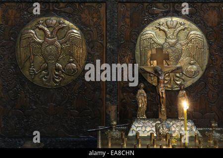 Russian two headed eagles depicted in the iconostasis in the Russian Memorial Church in Leipzig, Saxony, Germany. Stock Photo