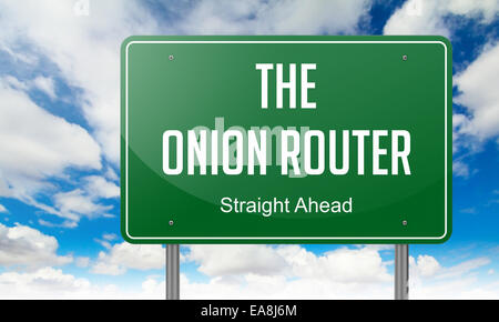 The Onion Router - Green Highway Signpost on Sky Background. Stock Photo