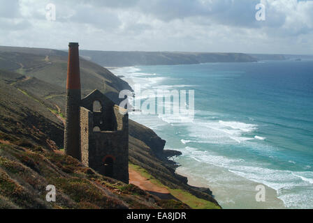 Looking down at Wheal Coates disused Tin Mine on the cliff side above the sea at Chapel Porth near St Agnes on the North Cornish