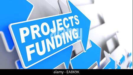 Projects Funding on Direction Sign - Blue Arrow on a Grey Background. Stock Photo